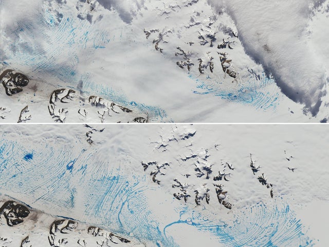 صورة مقارنة لبرك مائية غير مسبوقة في ثاني أكبر نهر جليدي في القارة القطبية الجنوبية عام 2020 مقارنة بصورة الموقع نفسه قبل عامين