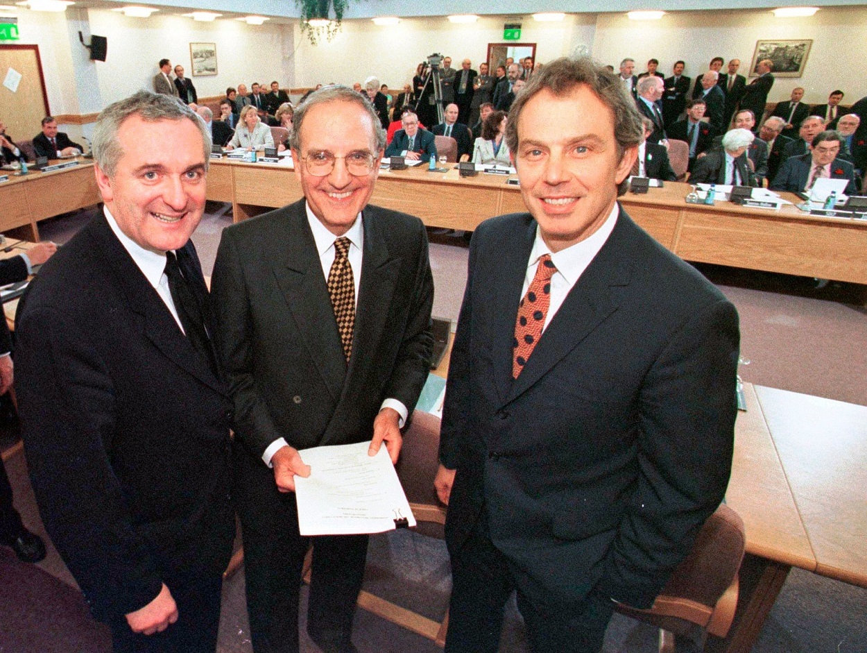 Tony Blair, the US senator George Mitchell, and Bertie Ahern after the signing of the Agreement_ap.jpg