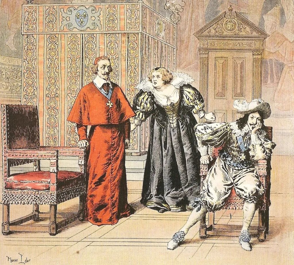 The Day of the Dupes, with Richelieu on the left, Marie in the center, and Louis slouching in his chair.jpg