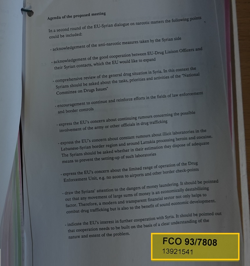 نصح وفود الاتحاد الأوروبي دولهم بمواصلة الحوار مع السلطات السورية في إطار مكافحة الاتجار بالمخدرات (الأرشيف البريطاني)