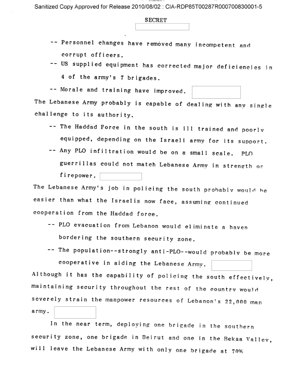 يعتبر التقرير السري أن مهمة الجيش اللبناني في مراقبة الجنوب ربما تكون أسهل مما تواجهه إسرائيل عام 1983 (السي آي إيه)