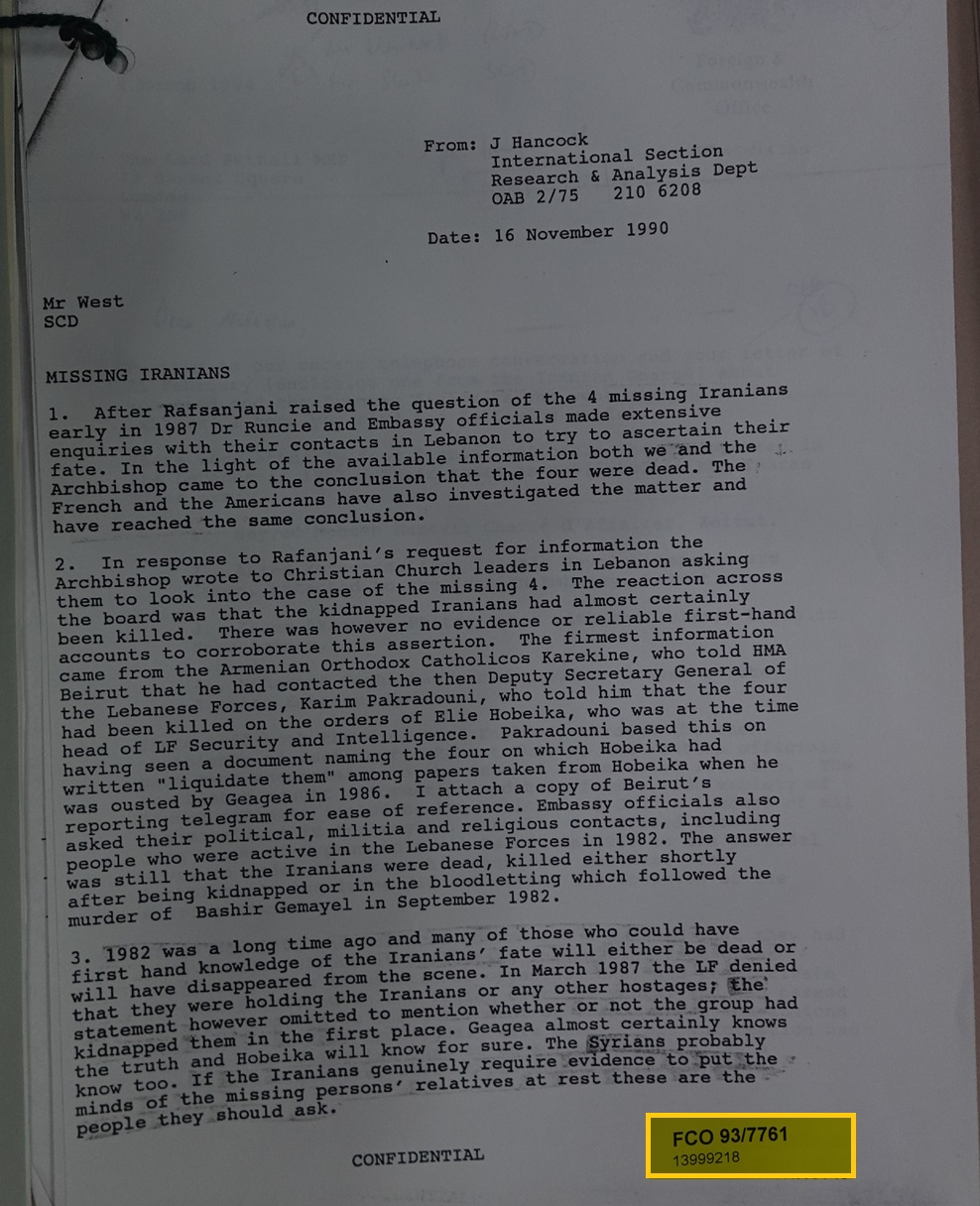 رفسنجاني يثير قضية الإيرانيين الأربعة  عام 1987 و بقرادوني يتهم إيلي حبيقة بتصفيتهم (الخارجية البريطانية)