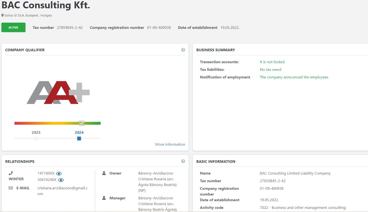 من المعلومات المتوافرة عن شركة BAC Consulting Kft أنها تأسست عام 2022 (صورة من الموقع)