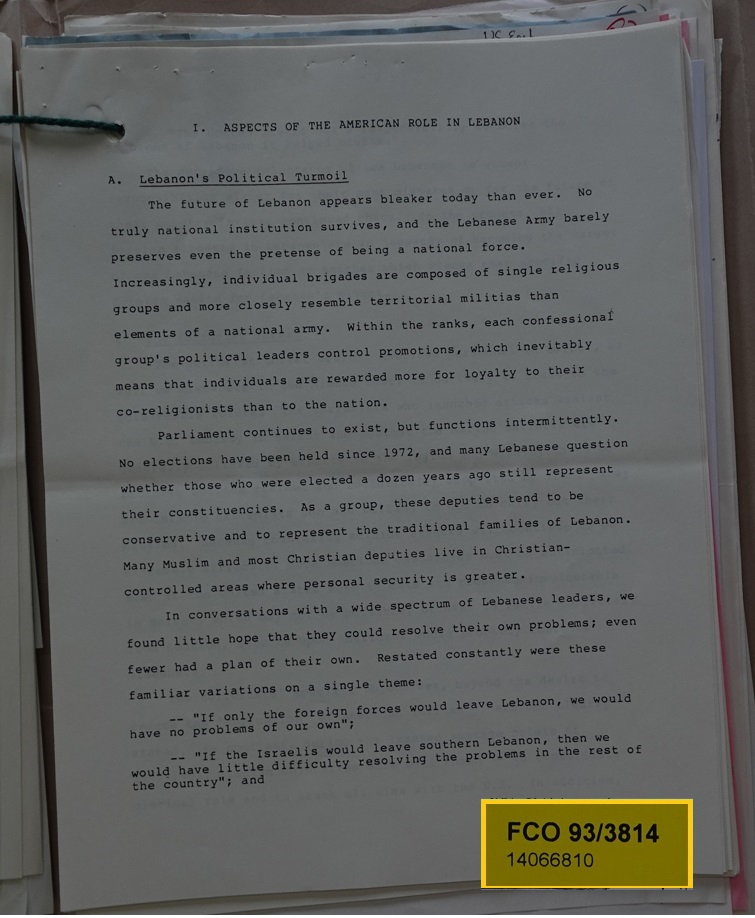 "التحديات السياسية والإرهابية في لبنان: دور الولايات المتحدة وتداعياته" (الأرشيف الوطني البريطاني)