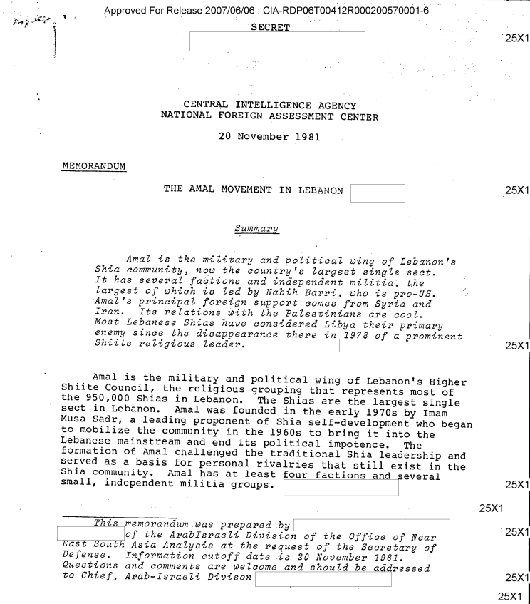 تتناول وثائق أميركية سرية عدة صعود الراديكالية الشيعية في لبنان وأسبابها (موقع السي آي إيه)
